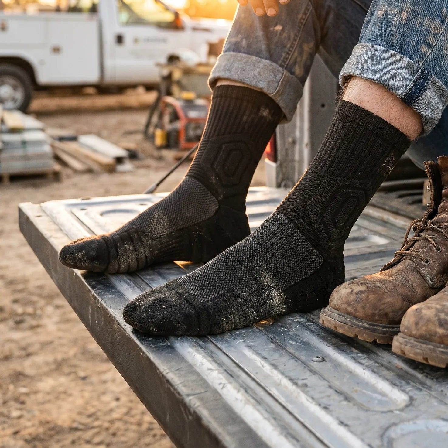 Work boots and work socks photographed outdoors at a job site